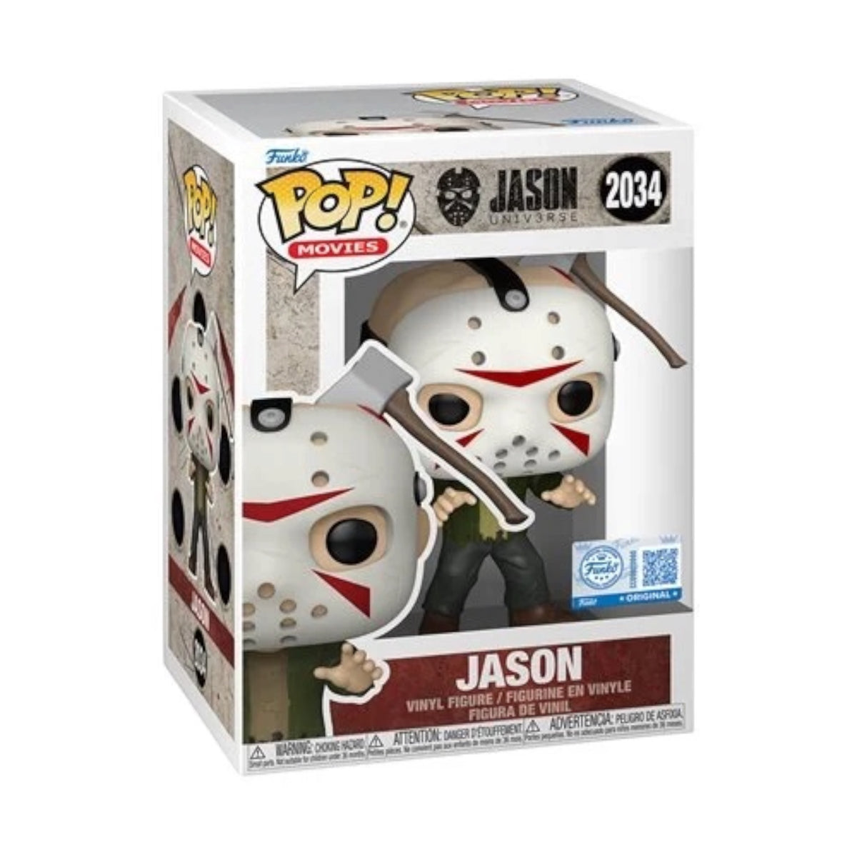 Funko Pop! Vinyl figure of Jason with axe head, EE Exclusive, #2034, featuring detailed Jason costume and axe accessory.