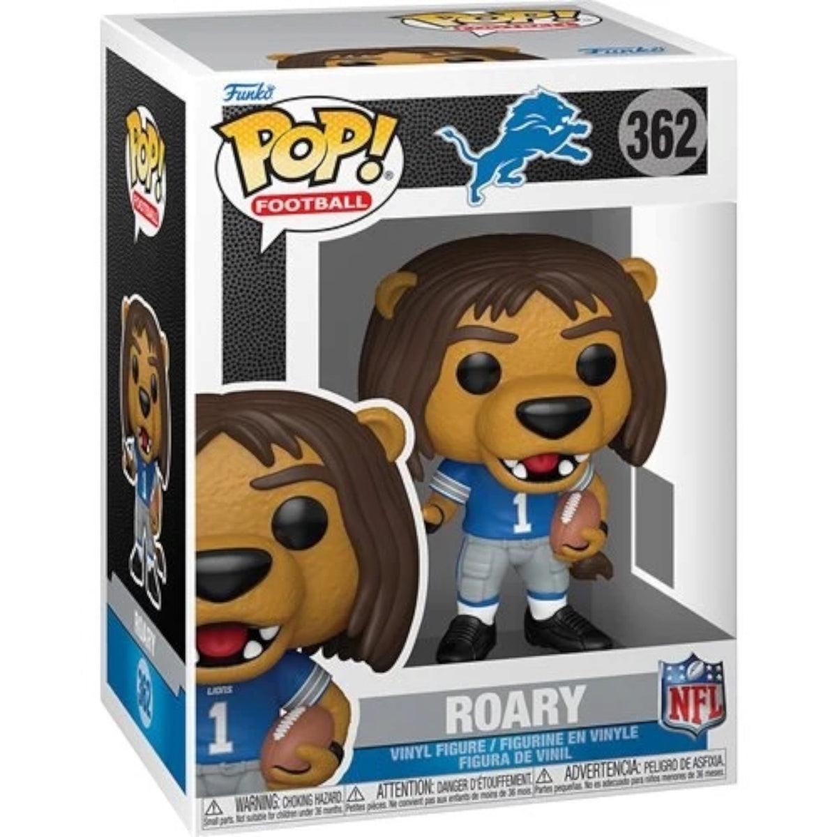 Funko NFL Lions Roary mascot vinyl figure, detailed collectible toy representing Detroit Lions mascot in Funko style.
