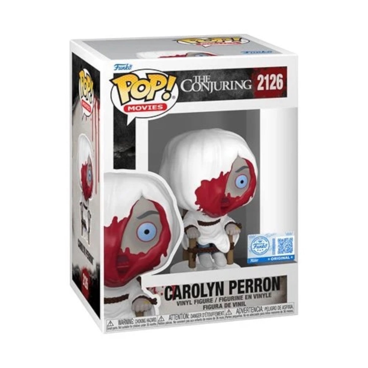 Funko Pop! vinyl figure of Carolyn Perron from The Conjuring with bloody details, EE Exclusive pre-order collectible.