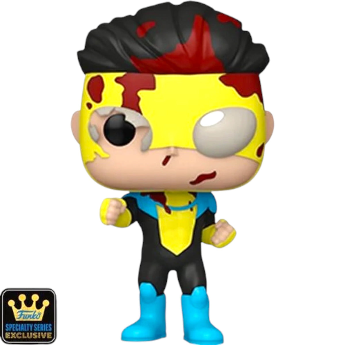 Funko Pop! vinyl figure of Invincible with a broken mask and bloody details, part of the Specialty Series by Funko.