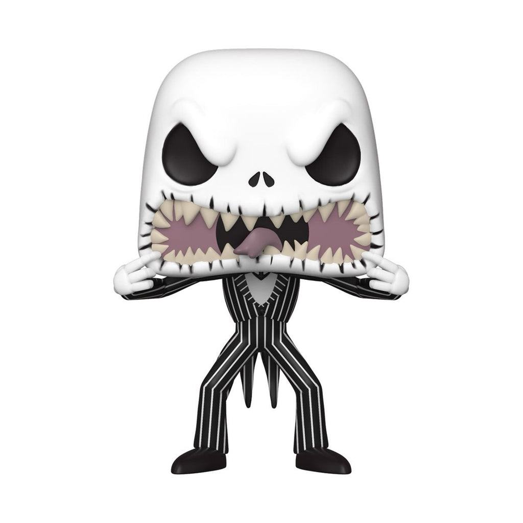 Funko Pop! vinyl figure of Jack Skellington with a scary face from Nightmare Before Christmas, featuring detailed features and signature design.