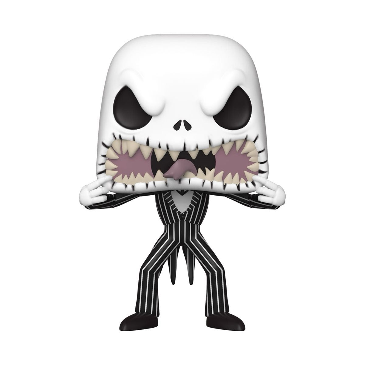 Funko Pop! vinyl figure of Jack Skellington with a scary face from Nightmare Before Christmas, featuring detailed features and signature design.