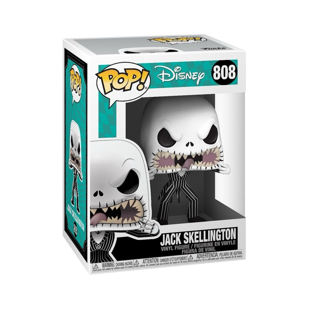 Funko Pop! vinyl figure of Jack Skellington from Nightmare Before Christmas with a scary face design, collectible Disney character.