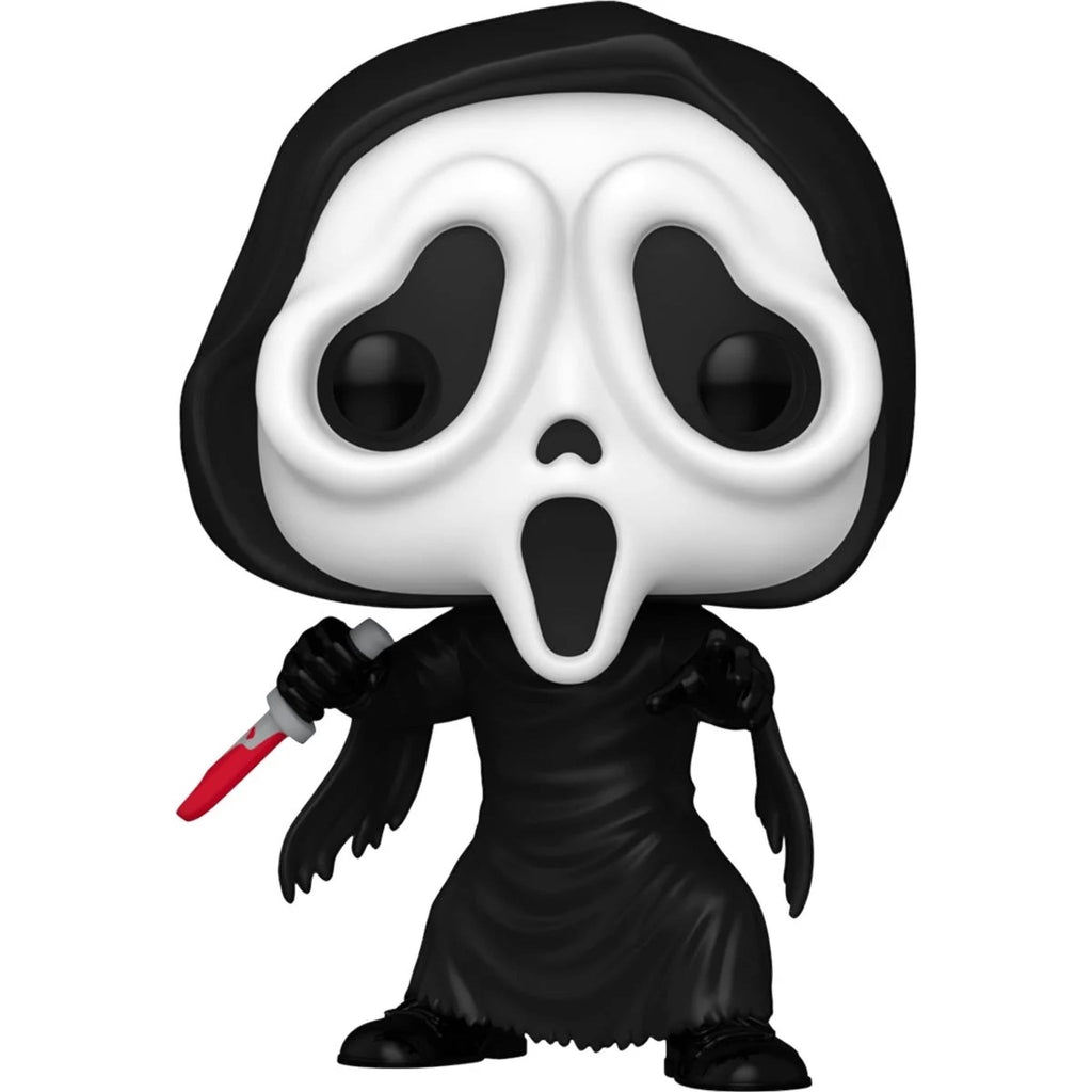 Funko Pop! vinyl figure of Ghost Face from Scream holding a knife, featuring detailed costume and sinister expression.