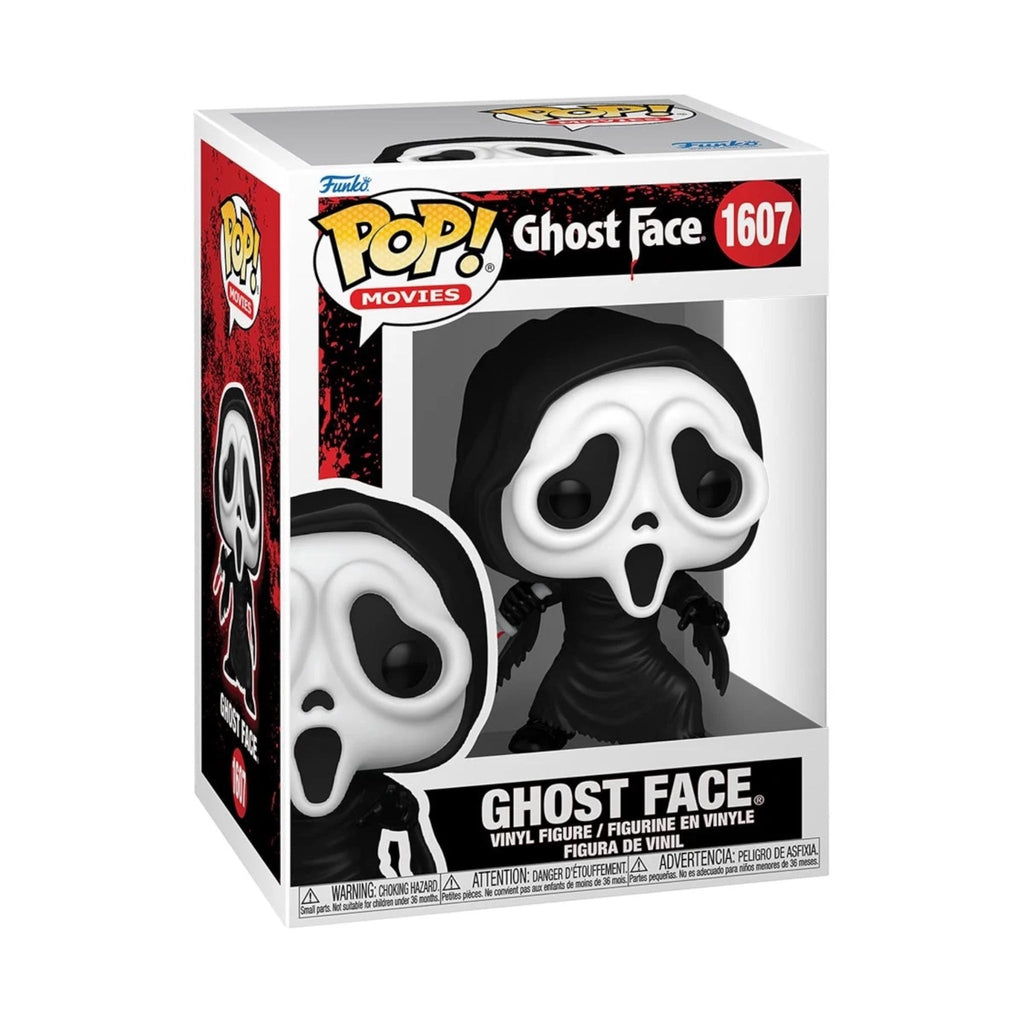 Funko Pop! vinyl figure of Ghost Face from Scream holding a knife, with detailed ghost mask design and collectible figure features.