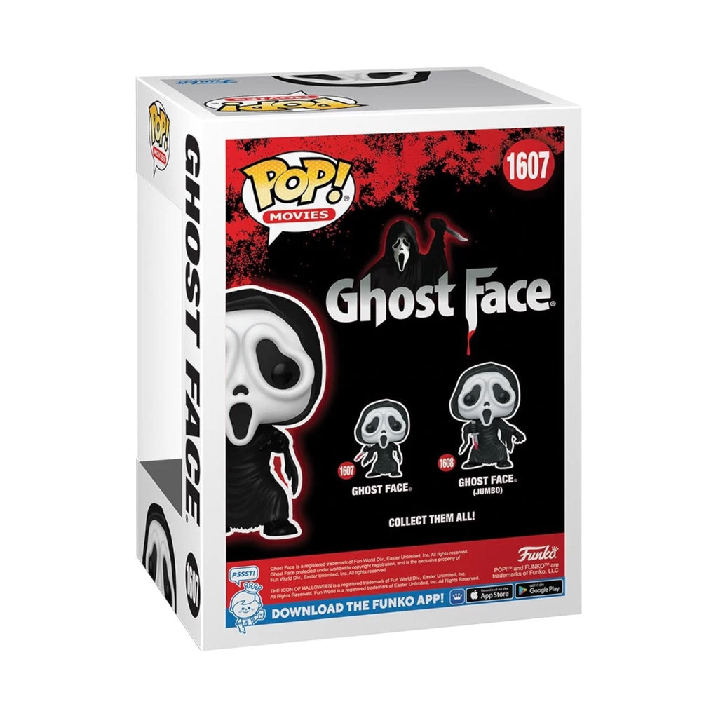 Funko Pop! vinyl figure of Ghost Face from Scream holding a knife, featuring detailed horror movie character design.