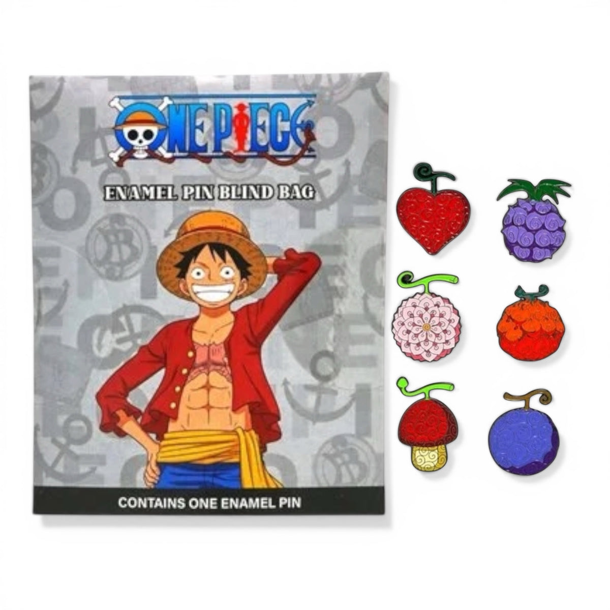 One Piece Devil Fruit enamel pin from Great Eastern Entertainment, EE exclusive blind-box collectible pin on a white background.