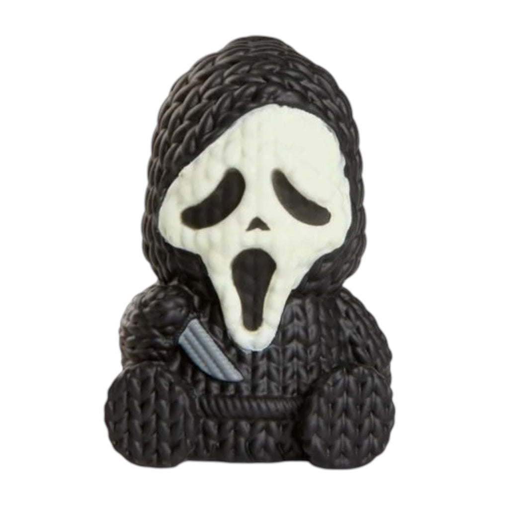 Glow-in-the-dark Ghost Face vinyl toy figure by Handmade By Robots, 1.75-inch micro collectible handmade toy.