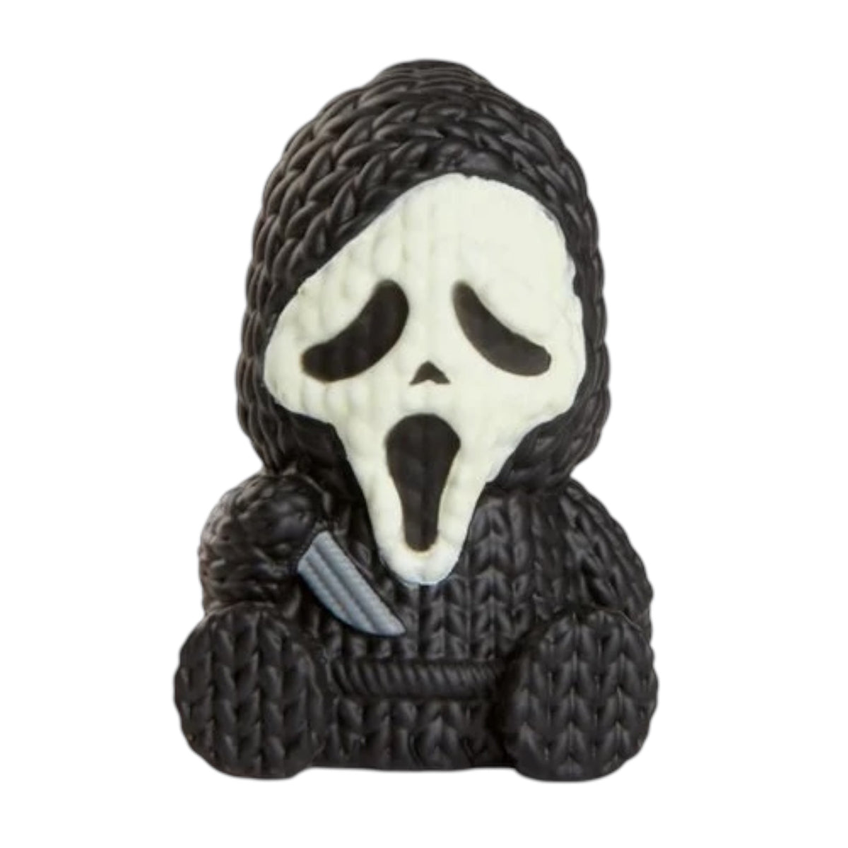 Glow-in-the-dark Ghost Face vinyl toy figure by Handmade By Robots, 1.75-inch micro collectible handmade toy.