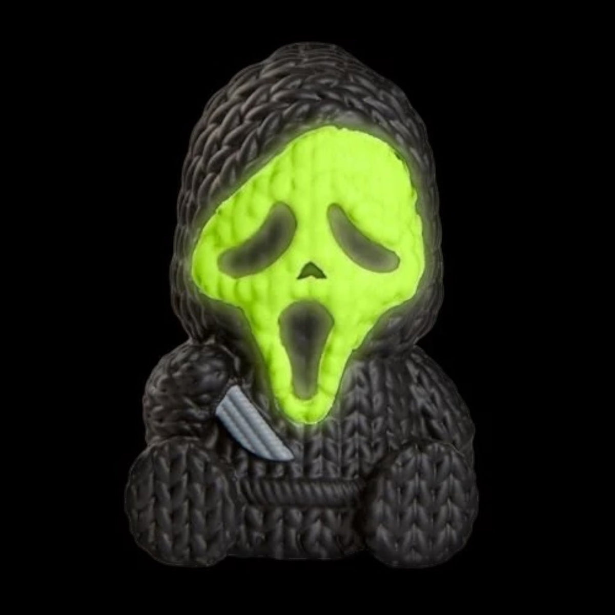 Glow-in-the-dark Ghost Face vinyl figure, 1.75-inch micro toy by Handmade By Robots, featuring detailed design and vibrant colors.