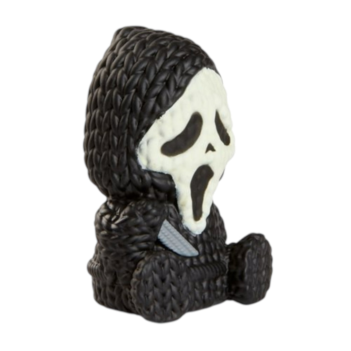 Glow-in-the-dark Ghost Face vinyl toy figure, 1 3/4-inch micro handmade by Robots, detailed Halloween-themed collectible toy.