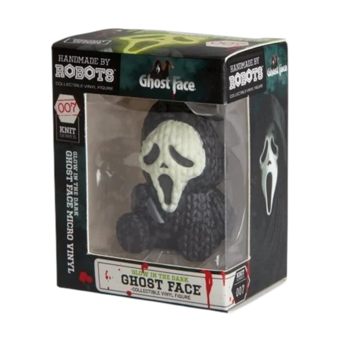Glow-in-the-dark Ghost Face vinyl toy figure, 1 3/4-inch micro handmade by Robots, featuring detailed design and vibrant colors.