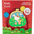 Loungefly Hello Kitty 50th Anniversary coin bag with collector box pin, featuring a 3-inch design and festive Hello Kitty details.