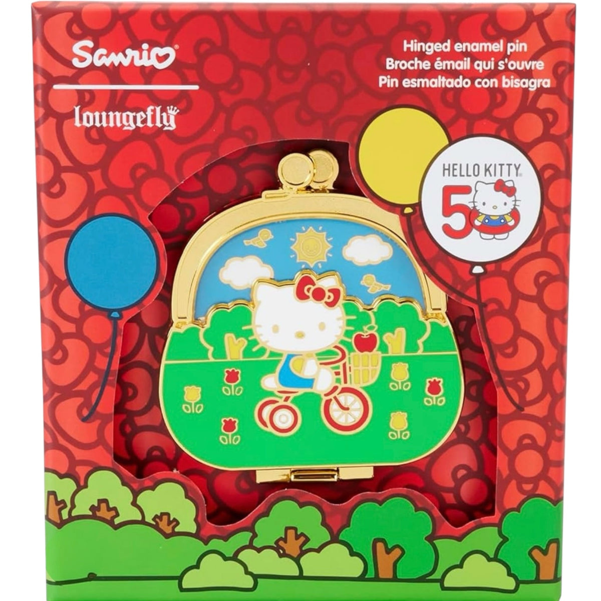 Loungefly Hello Kitty 50th Anniversary coin bag with collector box pin, featuring a 3-inch design and festive Hello Kitty details.