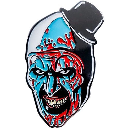 Terrifier 2 Art the Clown head enamel pin from Trick or Treat Studios, featuring detailed clown face design on a pin.