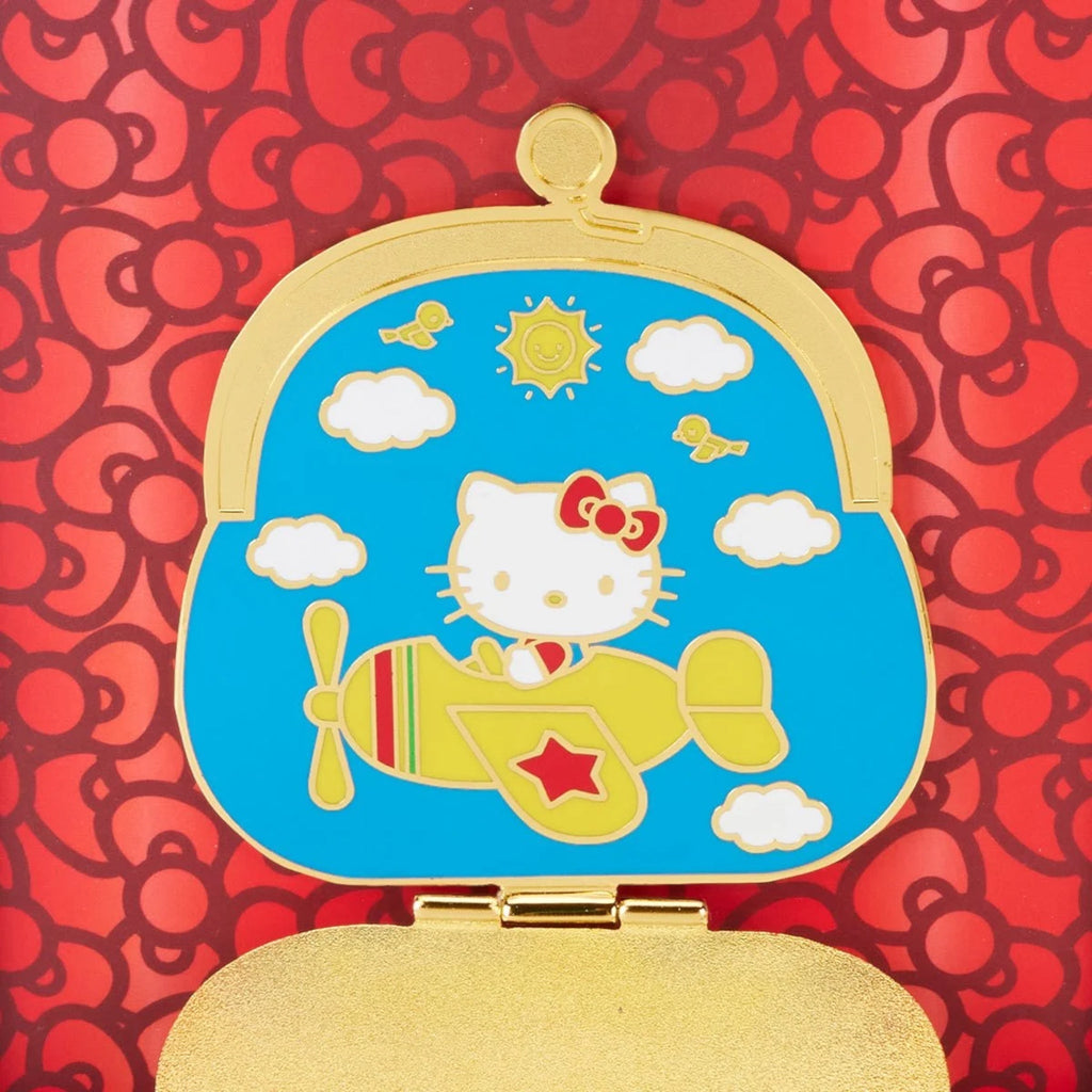 Loungefly Hello Kitty 50th Anniversary coin bag with collector box pin, featuring colorful Hello Kitty design on a 3-inch coin purse.