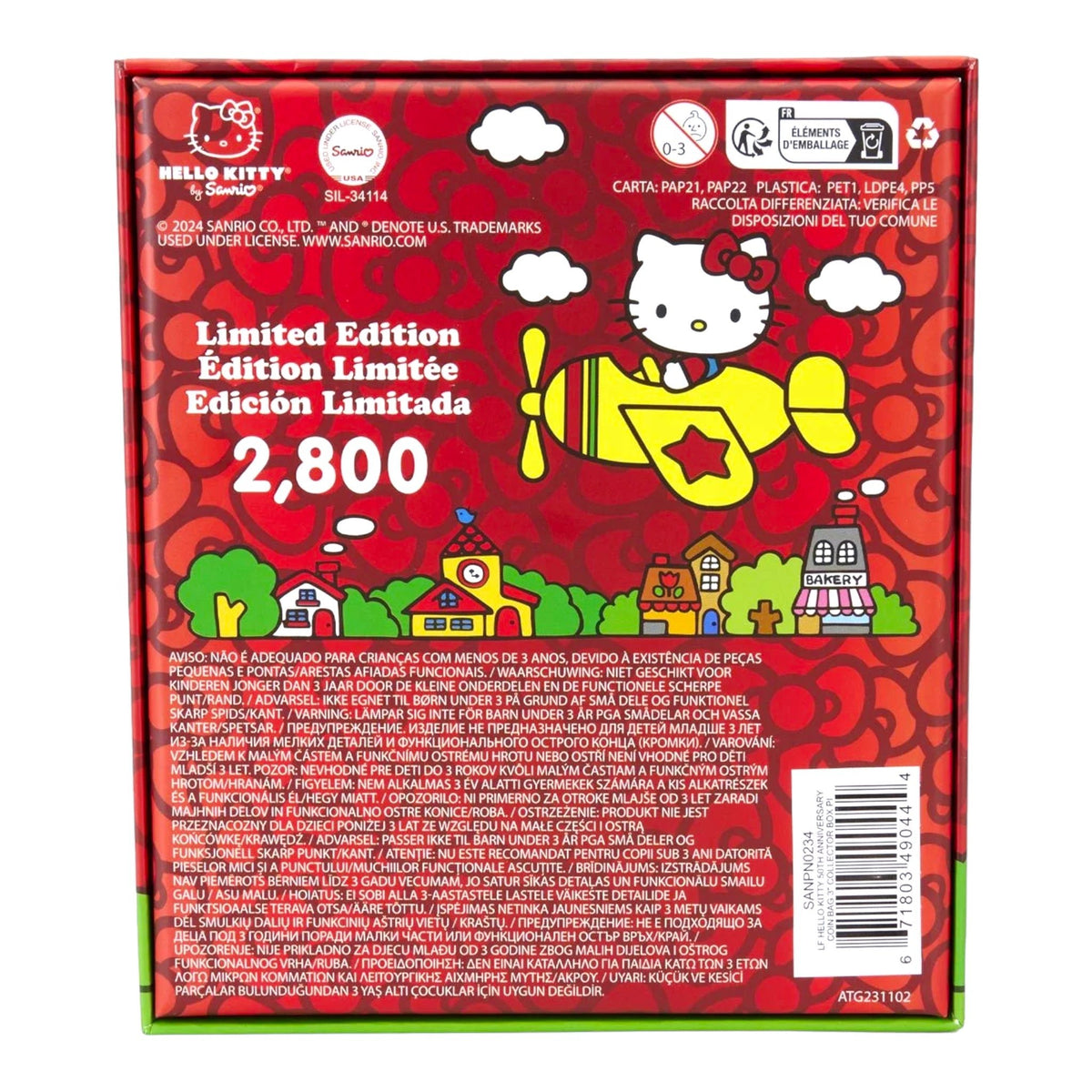 Loungefly Hello Kitty 50th Anniversary coin bag with collector box pin, 3-inch size, featuring colorful Hello Kitty design.