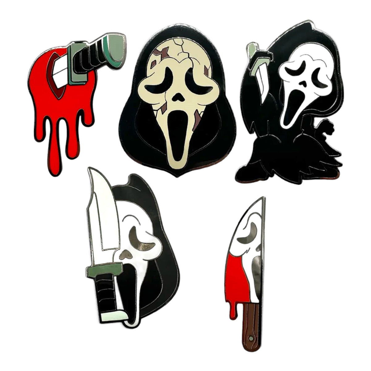 Set of five Yootooz Scream Ghost Face pins featuring detailed horror character designs for collectible accessory display.