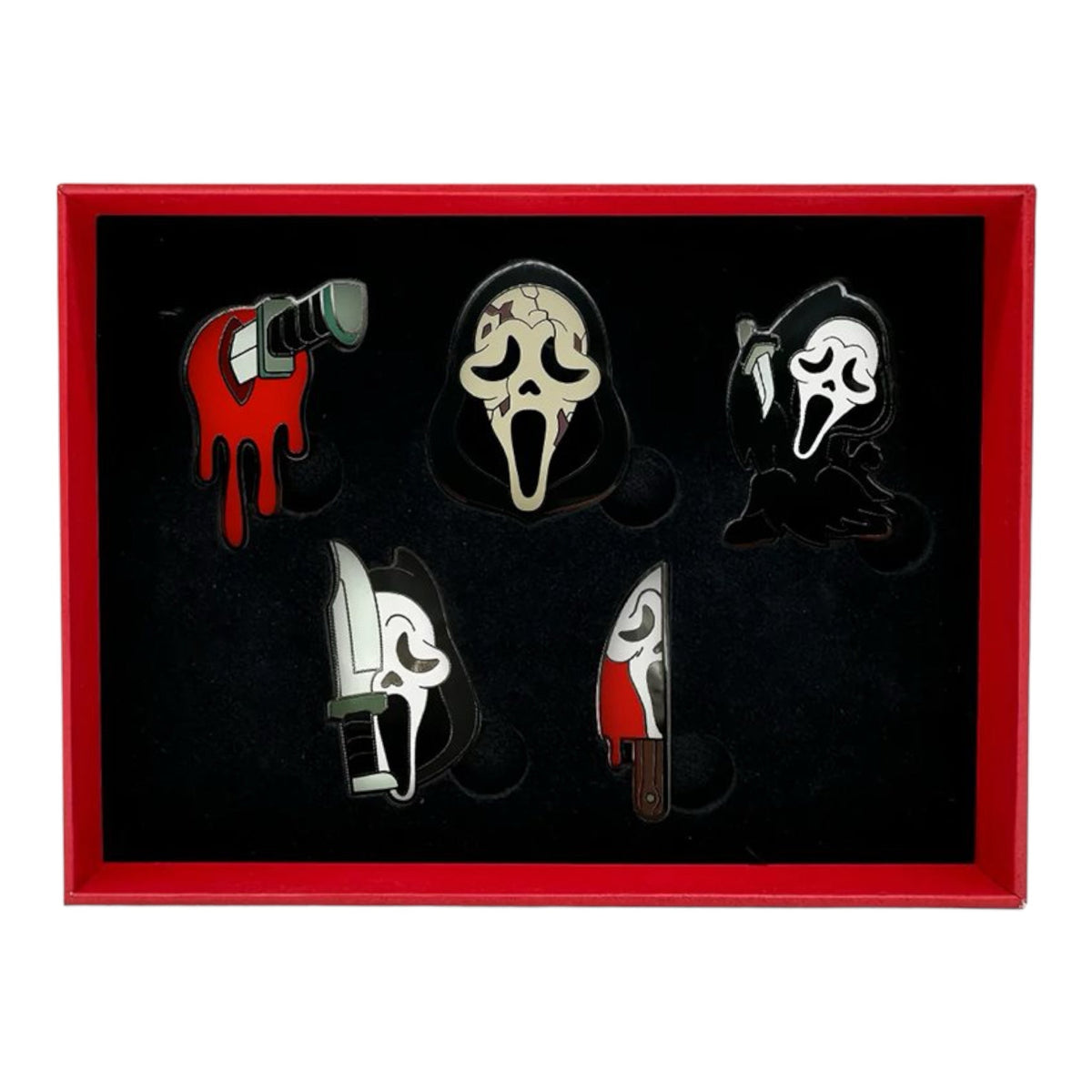 Set of five Yootooz Scream Ghost Face pins featuring detailed horror-themed designs on metal pins.
